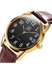 OLEVS Men's Quartz Watch Top Brand Fashion Casual Luxury Dress Genuine Brown Leather Strap Men's Watches Waterproof Wristwatch