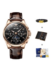 OUPINKE Luxury Men Watches Chronograph Automatic Mechanical Leather Watch Waterproof Sport Moon Phase Wristwatch montre homme