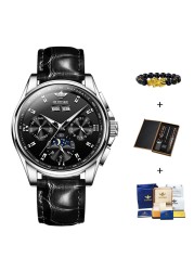 OUPINKE Luxury Men Watches Chronograph Automatic Mechanical Leather Watch Waterproof Sport Moon Phase Wristwatch montre homme