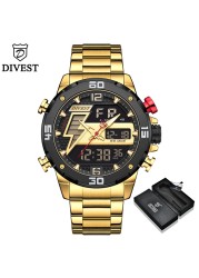 DIVEEST Authentic Gold Watch Men Luxury Brand Analog Quartz Casual Sports Watch Digital Military Chronograph Wrist Watches for Men