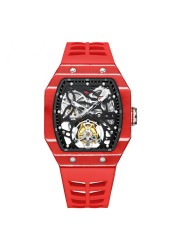 Aesop trending square flying tourbillon watch carbon fiber bezel mechanical men watches top quality red skeleton male watch