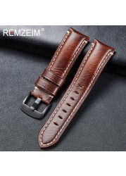 Remz Patterned - Genuine Leather Watch Strap, Brown, Green, Antique, 20, 22, 24, 26 mm, with Black and Silver Buckle