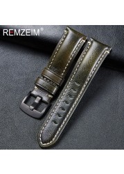 Remz Patterned - Genuine Leather Watch Strap, Brown, Green, Antique, 20, 22, 24, 26 mm, with Black and Silver Buckle