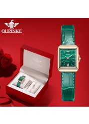 OUPINKE Luxury Brand Quartz Fashion Wrist Watch Casual Square Watch for Women Sapphire Leather Strap Dress Watch Ladies Gifts