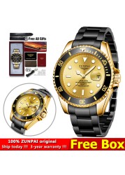 100% Original ZUNPAI Watch Men Sport Water Resistant Diving Wristwatches Stainless Steel Gold 2022New Luxury Fashion TOPBrand