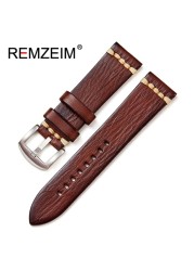 REMZEIM Retro Handmade Genuine Leather Strap Vegetable Tanned Leather Watchband 18 20 22 24mm High Quality Business Watch Band