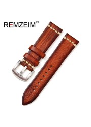 REMZEIM Retro Handmade Genuine Leather Strap Vegetable Tanned Leather Watchband 18 20 22 24mm High Quality Business Watch Band