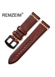 REMZEIM Retro Handmade Genuine Leather Strap Vegetable Tanned Leather Watchband 18 20 22 24mm High Quality Business Watch Band