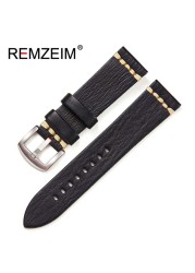 REMZEIM Retro Handmade Genuine Leather Strap Vegetable Tanned Leather Watchband 18 20 22 24mm High Quality Business Watch Band