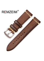 REMZEIM Retro Handmade Genuine Leather Strap Vegetable Tanned Leather Watchband 18 20 22 24mm High Quality Business Watch Band