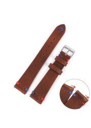 Handmade Retro Genuine Leather Watch Band 20mm 22mm Red Blue Line Calfskin Watch Strap Bracelet for Men Watch Accessories