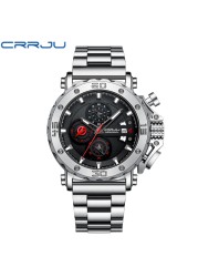 CRRJU Men Watch Luxury Brand Big Dial Stainless Steel Waterproof Chronograph Wrist Watches With Date Relogio Masculino