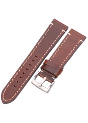 HENGRC - Genuine Cowhide Leather Watch Strap for Men and Women, Thickness 18, 20, 22, 24mm, Handmade, Retro, with Metal Buckles