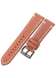 HENGRC - Genuine Cowhide Leather Watch Strap for Men and Women, Thickness 18, 20, 22, 24mm, Handmade, Retro, with Metal Buckles