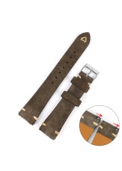 Vintage Suede Leather Watch Band 20mm 22mm Blue Brown Watch Strap Replacement Wristband Handmade Stitching Watchband