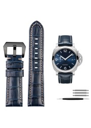 For Panerai1085/1313/111 Leather Watch Strap 22mm 24mm Blue Mens Crocodile Grain Watch Band Sandy Grinding Cowhide Accessories