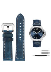 For Panerai1085/1313/111 Leather Watch Strap 22mm 24mm Blue Mens Crocodile Grain Watch Band Sandy Grinding Cowhide Accessories