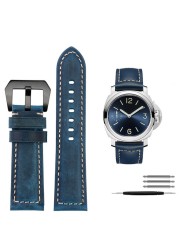 For Panerai1085/1313/111 Leather Watch Strap 22mm 24mm Blue Mens Crocodile Grain Watch Band Sandy Grinding Cowhide Accessories