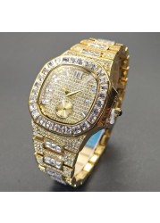 MISSFOX Watches for Men Luxury Hip Hop Iced Out Watches Automatic Date Gold Rhinestone Crystal Waterproof Quartz Male Wristwatch