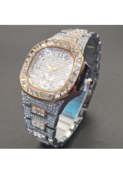 MISSFOX Watches for Men Luxury Hip Hop Iced Out Watches Automatic Date Gold Rhinestone Crystal Waterproof Quartz Male Wristwatch