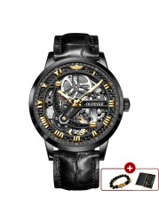 Top Brand OUPINKE Luxury Automatic Mechanical Watch for Men Sapphire Mirror Skeleton Hollow Leather Waterproof Wristwatch Clock