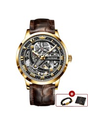 Top Brand OUPINKE Luxury Automatic Mechanical Watch for Men Sapphire Mirror Skeleton Hollow Leather Waterproof Wristwatch Clock