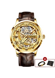 Top Brand OUPINKE Luxury Automatic Mechanical Watch for Men Sapphire Mirror Skeleton Hollow Leather Waterproof Wristwatch Clock