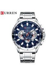 CURREN New Casual Sports Watch Men's Chronograph Stainless Steel Band Watch Large Wristwatch Quartz Watch With Luminous Pointers