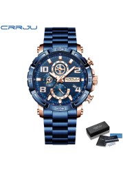 CRRJU Men's Watches Large Dial Waterproof Stainless Steel With Luminous Hands Date Sports Chronograph Watches Relogio Masculino