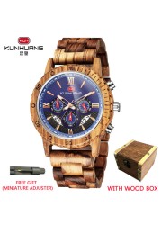 Kunhuang Luxury Brand Men's Watch Wooden Multifunctional Raw Quartz Watch High Strength Ebony Glass Case relógio masculino