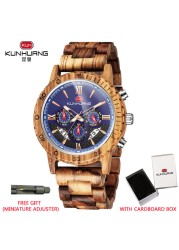 Kunhuang Luxury Brand Men's Watch Wooden Multifunctional Raw Quartz Watch High Strength Ebony Glass Case relógio masculino