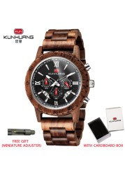 Kunhuang Luxury Brand Men's Watch Wooden Multifunctional Raw Quartz Watch High Strength Ebony Glass Case relógio masculino