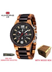 Kunhuang Wooden Watch Fashion Personality Creative Design Senior Ebony Men Watches Quartz Watch Movement Wooden Box Montre Homme