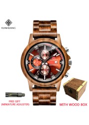 Kunhuang Luxury Natural Zebra Wood Watch Fashion Multifunction Quartz Men's Watch Chronograph Mineral Glass reloj de hombre