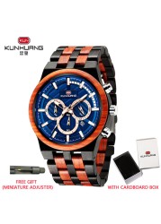 Kunhuang New Wooden Watch Men Luxury Chronograph Ebony Quartz Watch Blue Dial Metal Glass Mirror Wooden Box