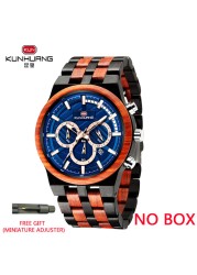 Kunhuang New Wooden Watch Men Luxury Chronograph Ebony Quartz Watch Blue Dial Metal Glass Mirror Wooden Box