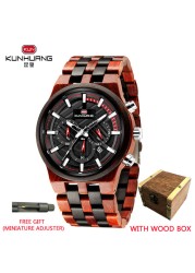 Kunhuang New Wooden Watch Men Luxury Chronograph Ebony Quartz Watch Blue Dial Metal Glass Mirror Wooden Box