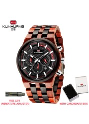 Kunhuang New Wooden Watch Men Luxury Chronograph Ebony Quartz Watch Blue Dial Metal Glass Mirror Wooden Box