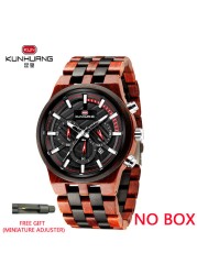 Kunhuang New Wooden Watch Men Luxury Chronograph Ebony Quartz Watch Blue Dial Metal Glass Mirror Wooden Box