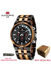 Kunhuang New Wooden Watch Men Luxury Chronograph Ebony Quartz Watch Blue Dial Metal Glass Mirror Wooden Box