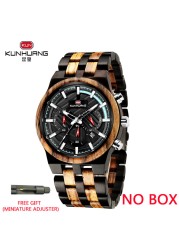 Kunhuang New Wooden Watch Men Luxury Chronograph Ebony Quartz Watch Blue Dial Metal Glass Mirror Wooden Box