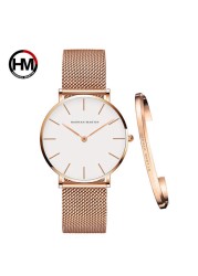 Women Watch 1 Set Bracelet Japan Quartz Simple Movement Waterproof Rose Gold Stainless Steel Mesh Ladies Watch relogio feminino