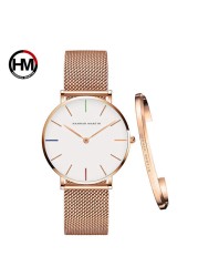 Women Watch 1 Set Bracelet Japan Quartz Simple Movement Waterproof Rose Gold Stainless Steel Mesh Ladies Watch relogio feminino