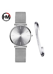 Women Watch 1 Set Bracelet Japan Quartz Simple Movement Waterproof Rose Gold Stainless Steel Mesh Ladies Watch relogio feminino