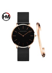 Women Watch 1 Set Bracelet Japan Quartz Simple Movement Waterproof Rose Gold Stainless Steel Mesh Ladies Watch relogio feminino