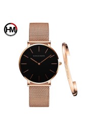 Women Watch 1 Set Bracelet Japan Quartz Simple Movement Waterproof Rose Gold Stainless Steel Mesh Ladies Watch relogio feminino