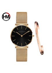 Women Watch 1 Set Bracelet Japan Quartz Simple Movement Waterproof Rose Gold Stainless Steel Mesh Ladies Watch relogio feminino