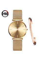 Women Watch 1 Set Bracelet Japan Quartz Simple Movement Waterproof Rose Gold Stainless Steel Mesh Ladies Watch relogio feminino