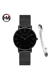 Women Watch 1 Set Bracelet Japan Quartz Simple Movement Waterproof Rose Gold Stainless Steel Mesh Ladies Watch relogio feminino