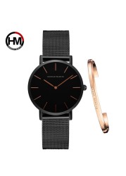 Women Watch 1 Set Bracelet Japan Quartz Simple Movement Waterproof Rose Gold Stainless Steel Mesh Ladies Watch relogio feminino